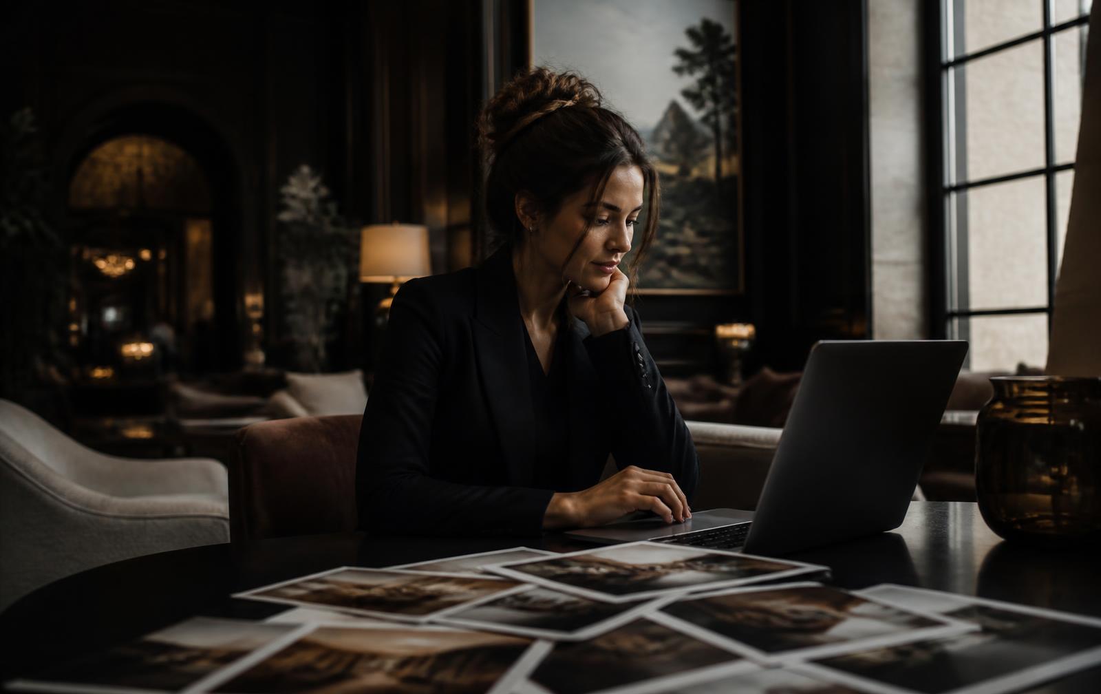 Marketing manager reviewing creator content in a boutique hotel lobby