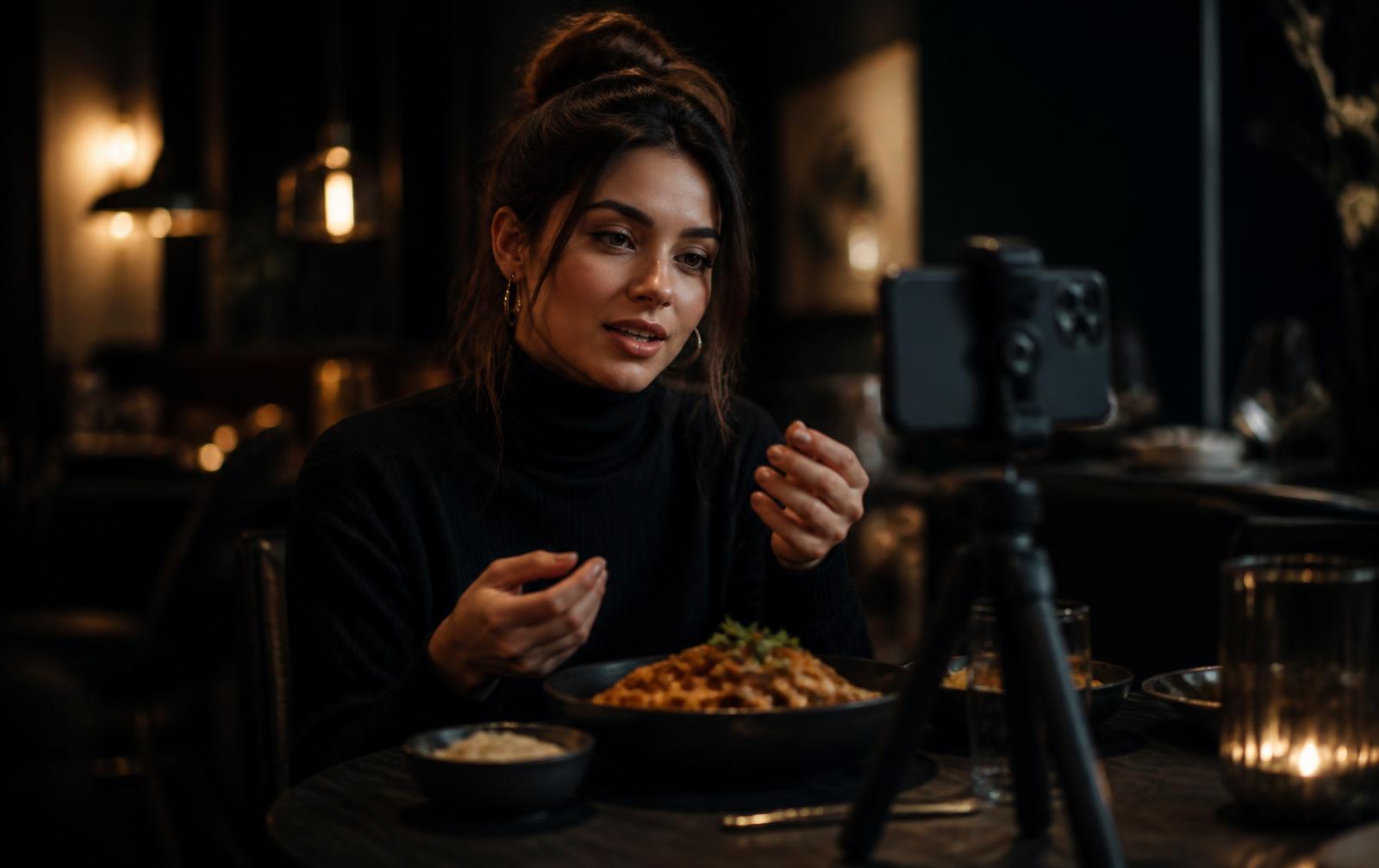 Creator filming a smartphone video at a restaurant table