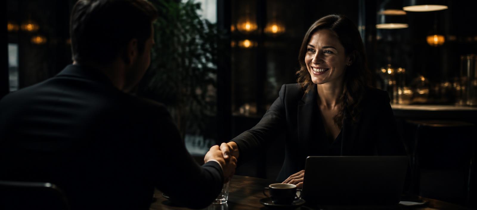 A business owner and a creator agreeing on a collaboration